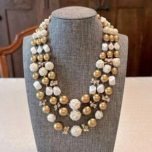 Vintage Signed Japan Gold & White Beaded Statement Necklace Multi-Strand Layered